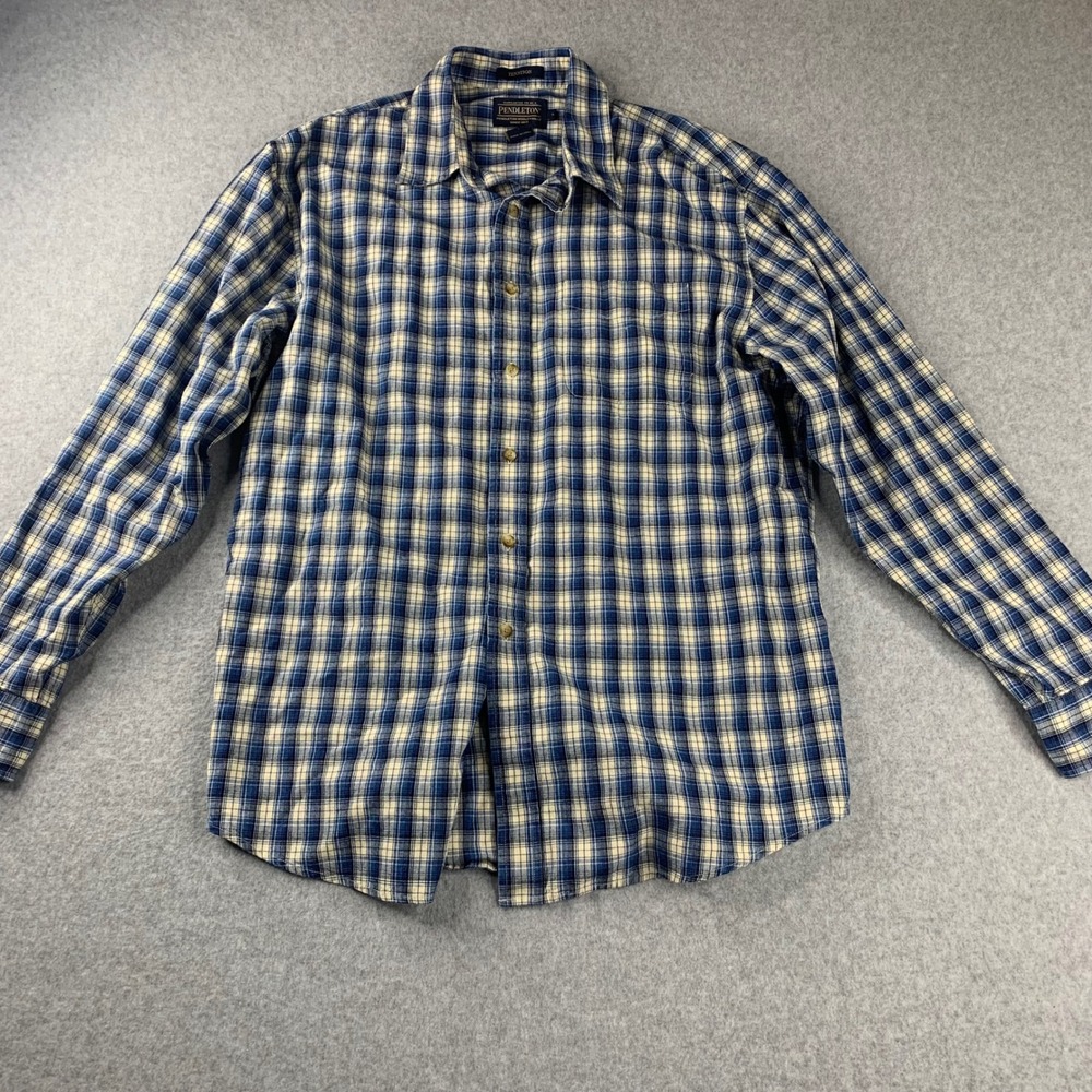 Pendleton Tennyson Button Down Shirt Mens L Blue Plaid Cotton Blend Long Sleeve